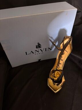 Lanvin Metallic Gold Peep-Toe Heel with Black Floral Accent